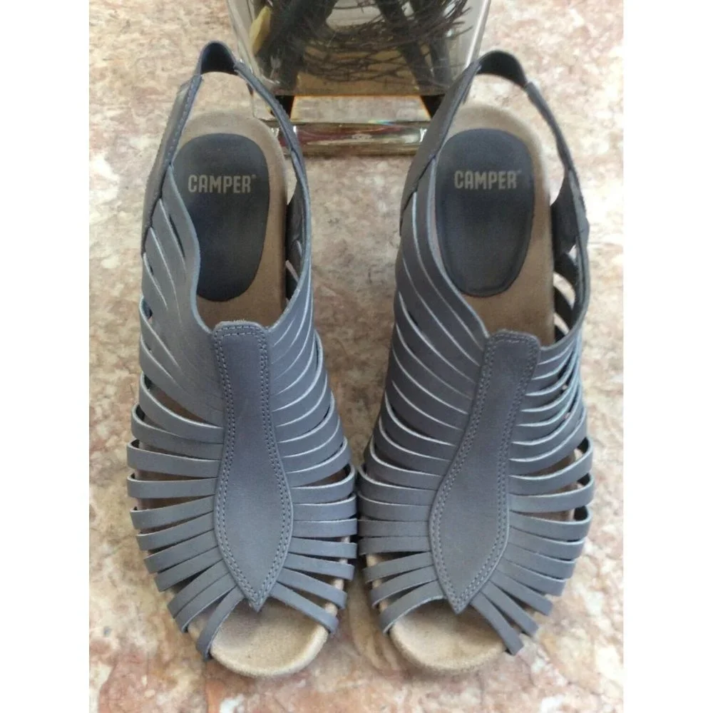 Camper Rachael Gray Strappy Leather Wooden Wedge Sandals Size 38/US 8 EUC! $195